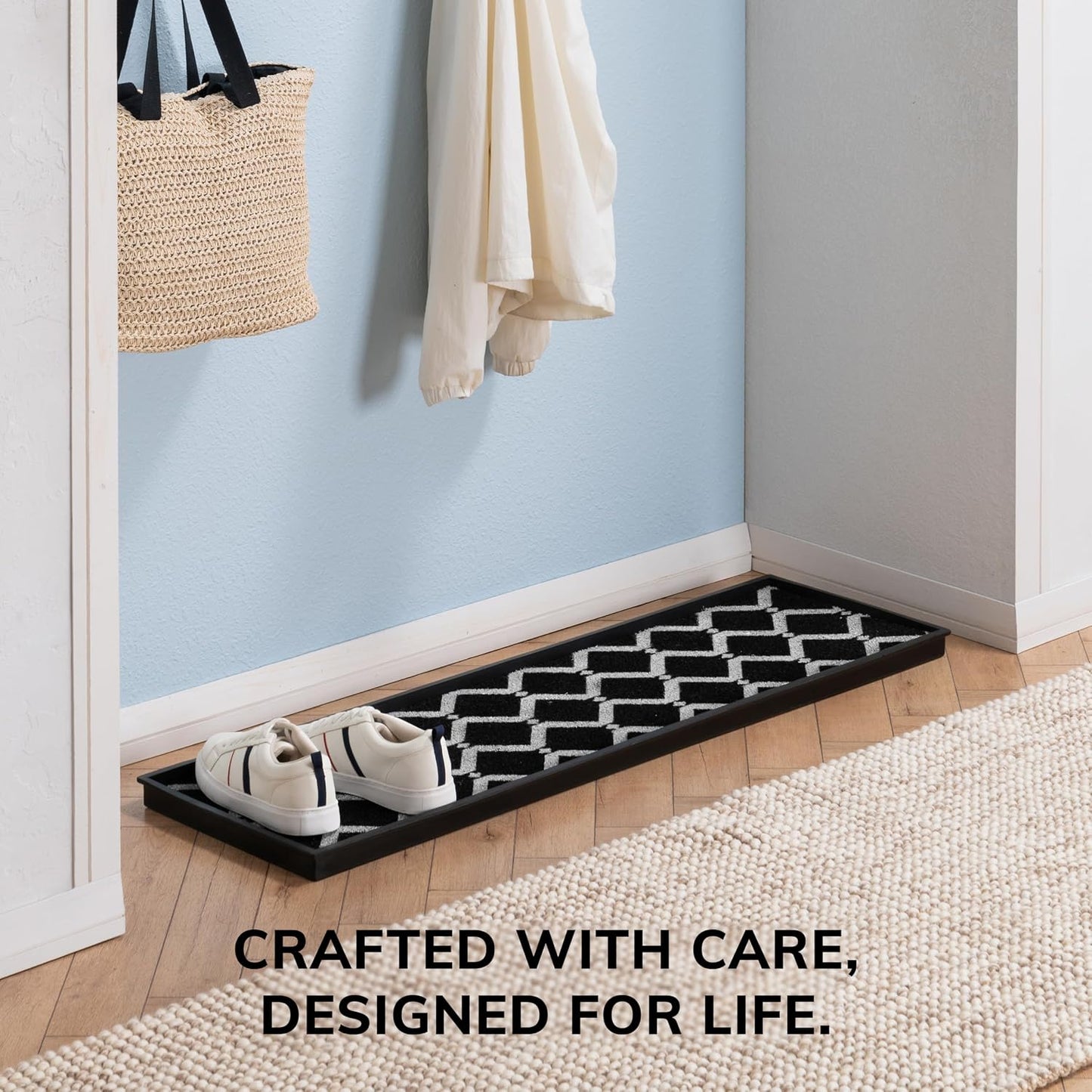 Anji Mountain Heavy Duty Waterproof Rubber Shoe Storage Mat Organizer/Boot Storage Tray Multi Use for Entryway with Coir, Tan Insert, Fits 4 Pair (46.5" Wide)