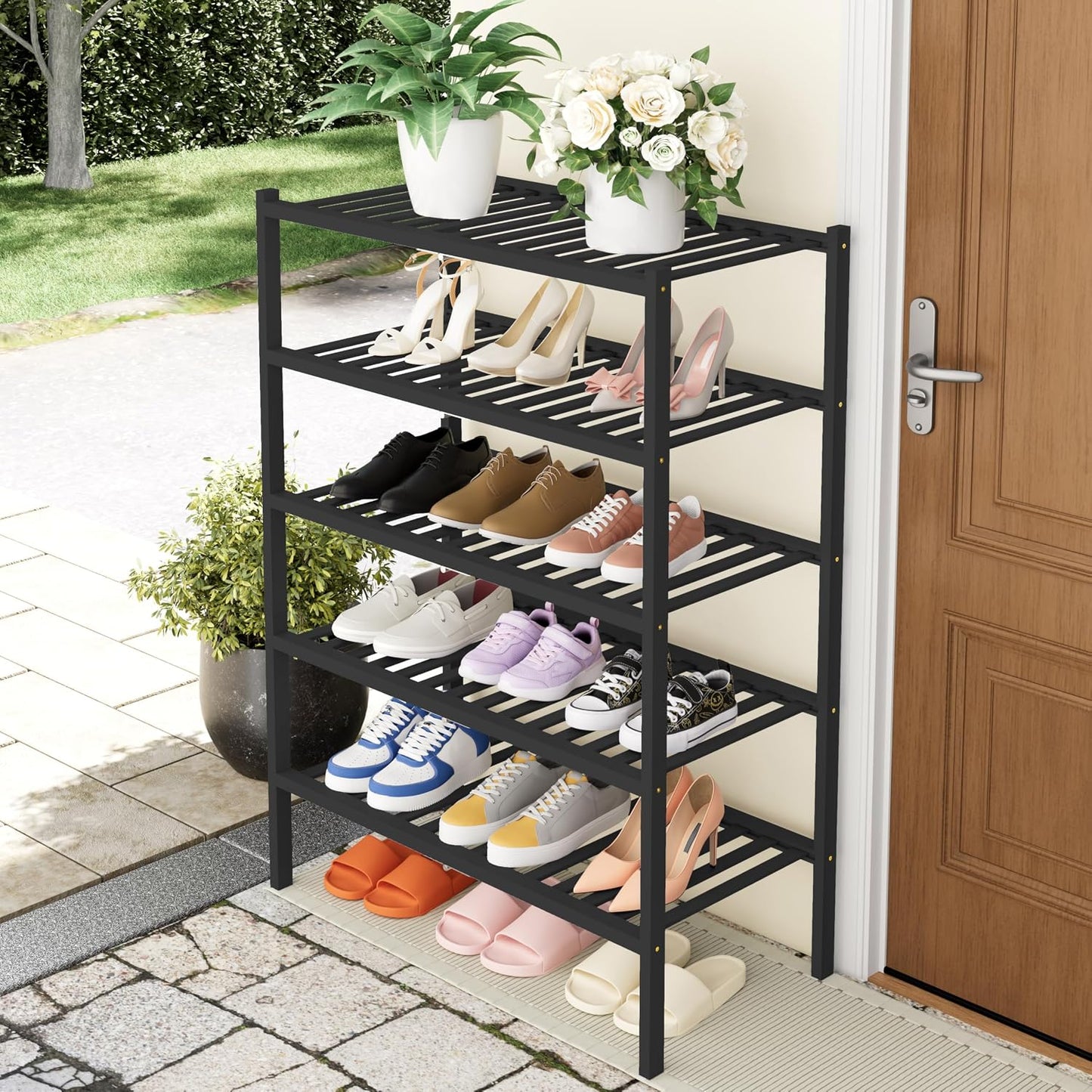 Smiry Bamboo Shoe Rack, 3 Tier Free Standing Wooden Shoe Organizer, Stackable Wood Shoe Storage Shelf for Closet, Entryway, 12 Vertical Slats, 2+1 Stack Standard Legs, 26.8"x11"x19.5", Natural