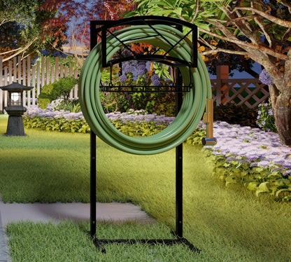 Fire Beauty Heavy-Duty Metal Hose Holder, Wall-Mounted Garden Hose Reel Organizer for Outdoor Yard, Solid Iron Decorative Hanger Storage