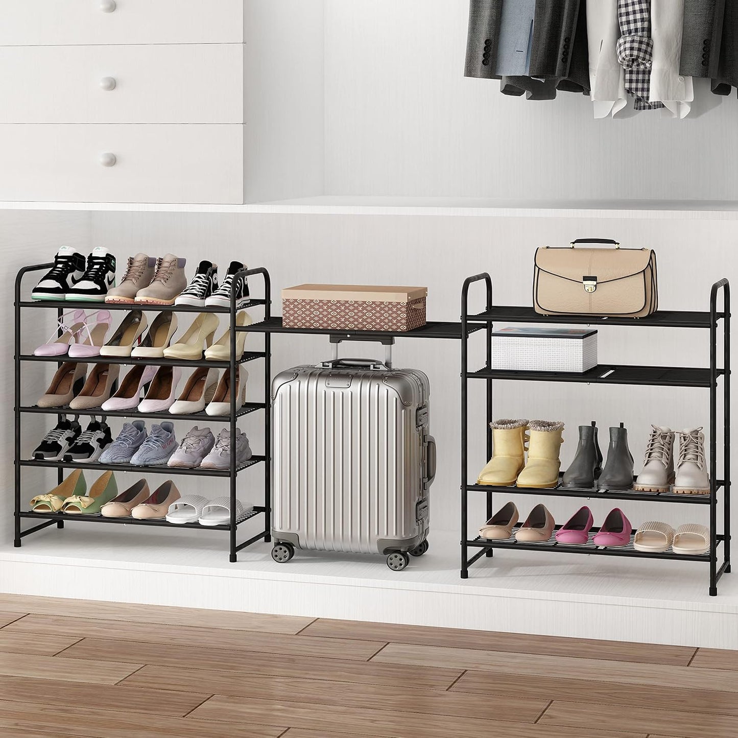 Simple Trending 3-Tier Stackable Shoe Rack, Expandable & Adjustable Shoe Shelf Storage Organizer, Wire Grid, Black