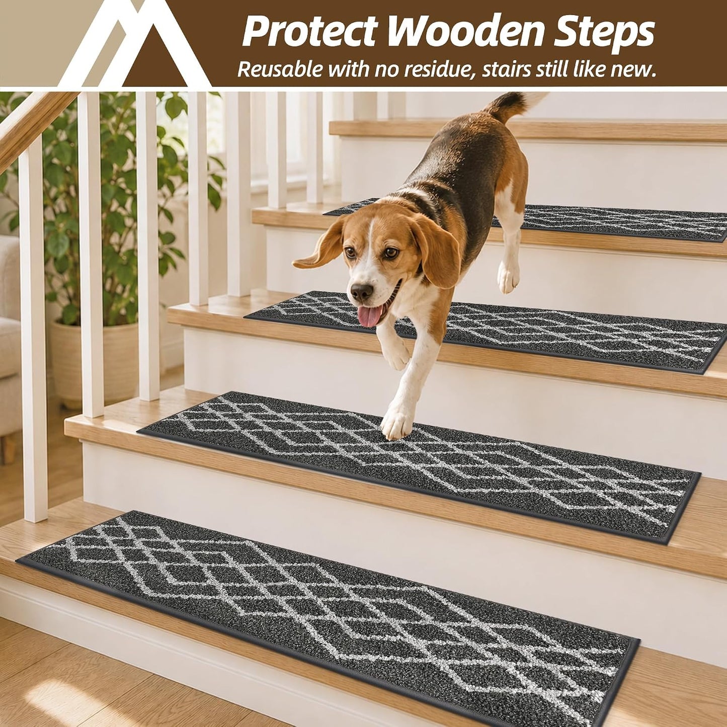 COSY HOMEER Soft Stair Treads Non-Slip Carpet Mat 28inX9in Indoor Stair Runners for Wooden Steps,Stair Rugs for Kids and Dogs, 100% Polyester TPE Backing 7pcs,Black,Rhombus