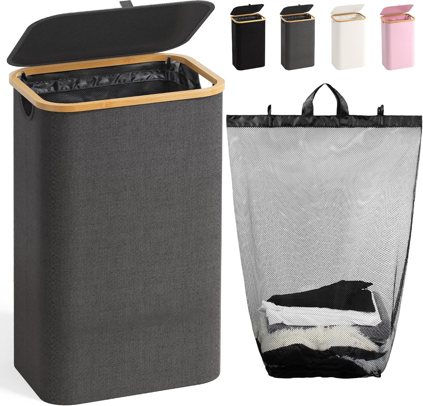 160L Laundry Hamper with Lid, 3 Section Laundry Basket with 3 Removable Bag | Clothes Hampers for Laundry with Bamboo Frame Handle, Large Dirty Clothes Hamper for Laundry Room, Bathroom, Bedroom, Black