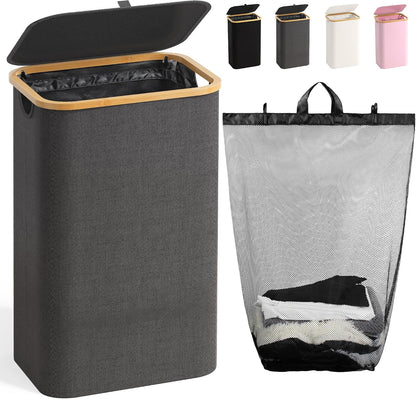 160L Laundry Hamper with Lid, 3 Section Laundry Basket with 3 Removable Bag | Clothes Hampers for Laundry with Bamboo Frame Handle, Large Dirty Clothes Hamper for Laundry Room, Bathroom, Bedroom, Black