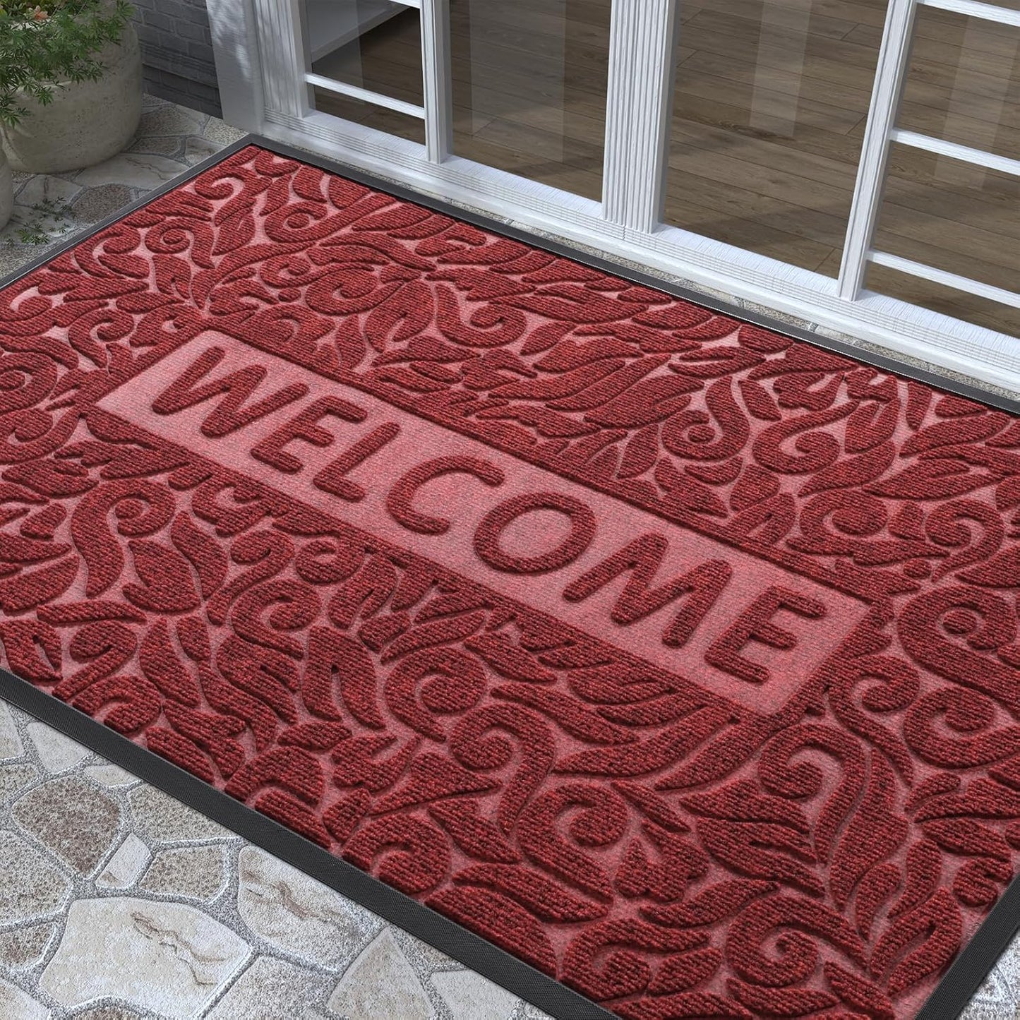 Yimobra Welcome Mat Outdoor 29.5x17, Waterproof Non-Slip Outdoor Mats for Front Door Outside Entrance, Low-Profile Entryway Mat Indoor for Garage Patio, Black