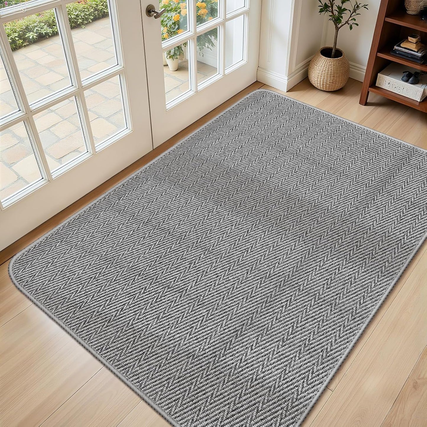 Ultra Thin Door Mat Indoor Entrance 17"x29", Low-Profile Indoor Door Mat, Non Slip Entry Mat Rubber Backing Unique Herringbone Design Inside Doormat Dirt Trapper Entryway Mats, Beige