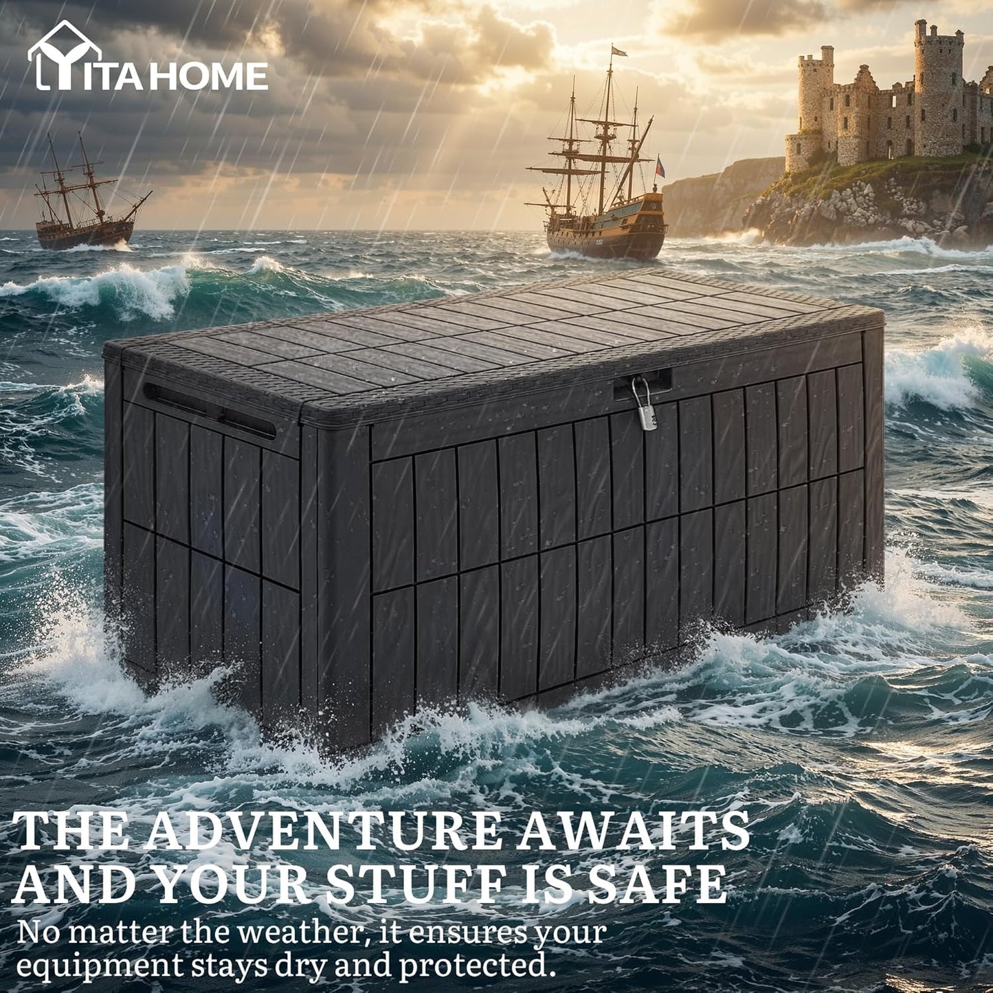 YITAHOME 134 Gallon Large Deck Box | Waterproof Resin Outdoor Storage Box with Lock, Doubles as 2-Person Bench Seating for Patio Furniture Cushions,Garden Tools &