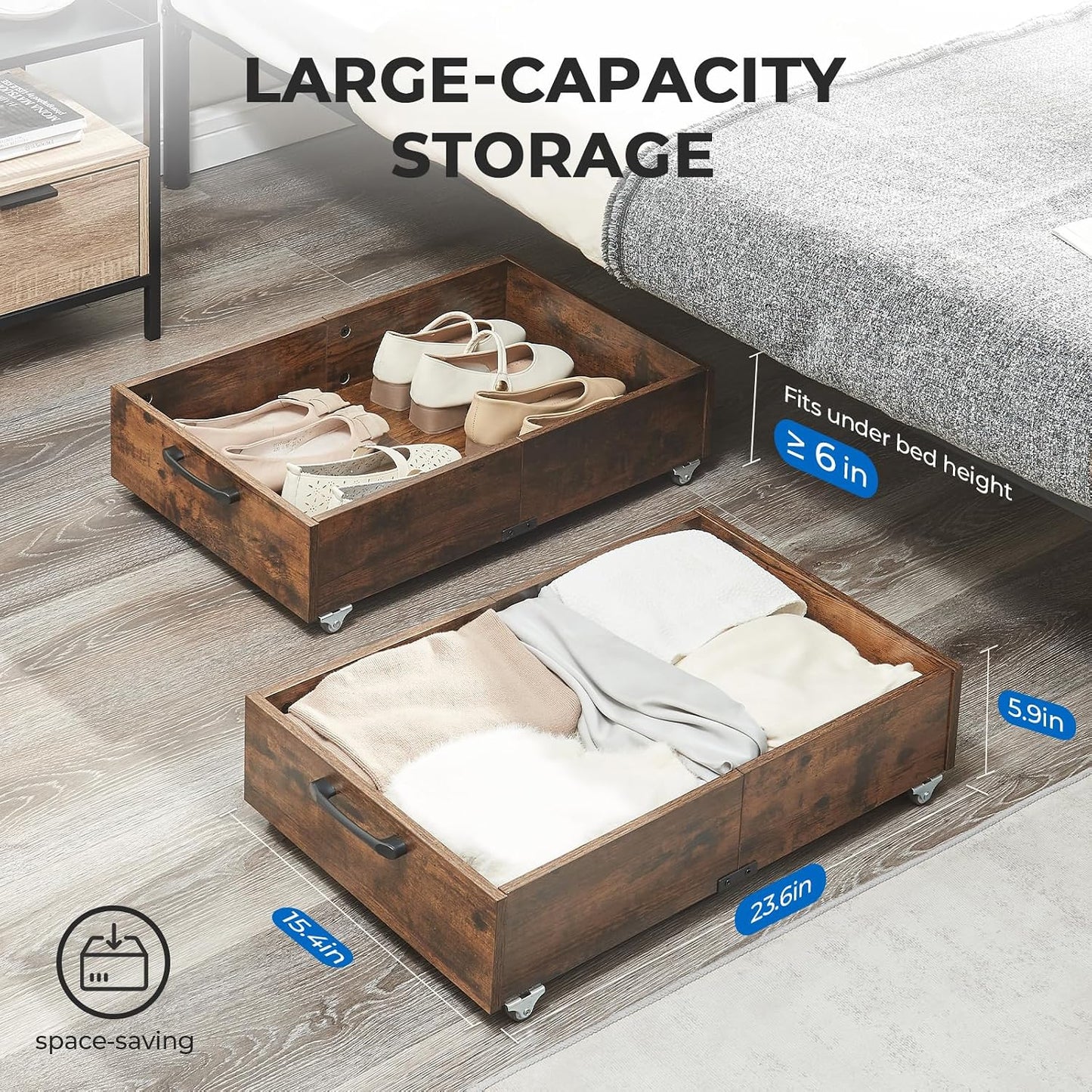 TIOPGHAD 2-Pack Under Bed Storage Drawers Organizer with Wheels, Brown | 58L total capacity, 80 lb per Drawer, Fits 6 in Bed Clearance, Rolling Drawers for Shoes, Clothes, Linens, Toys