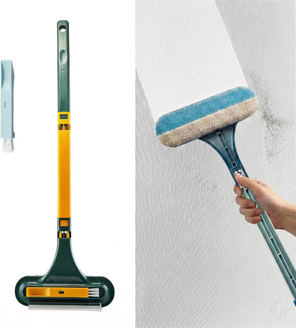 Window Screen Cleaning Brush with Long Handle, 2-in-1 Mesh Cleaner Tool & Squeegee, Double-Sided Multi-Purpose Scrubber for Glass, Sliding Door, Patio & Porch Screens (Blue)