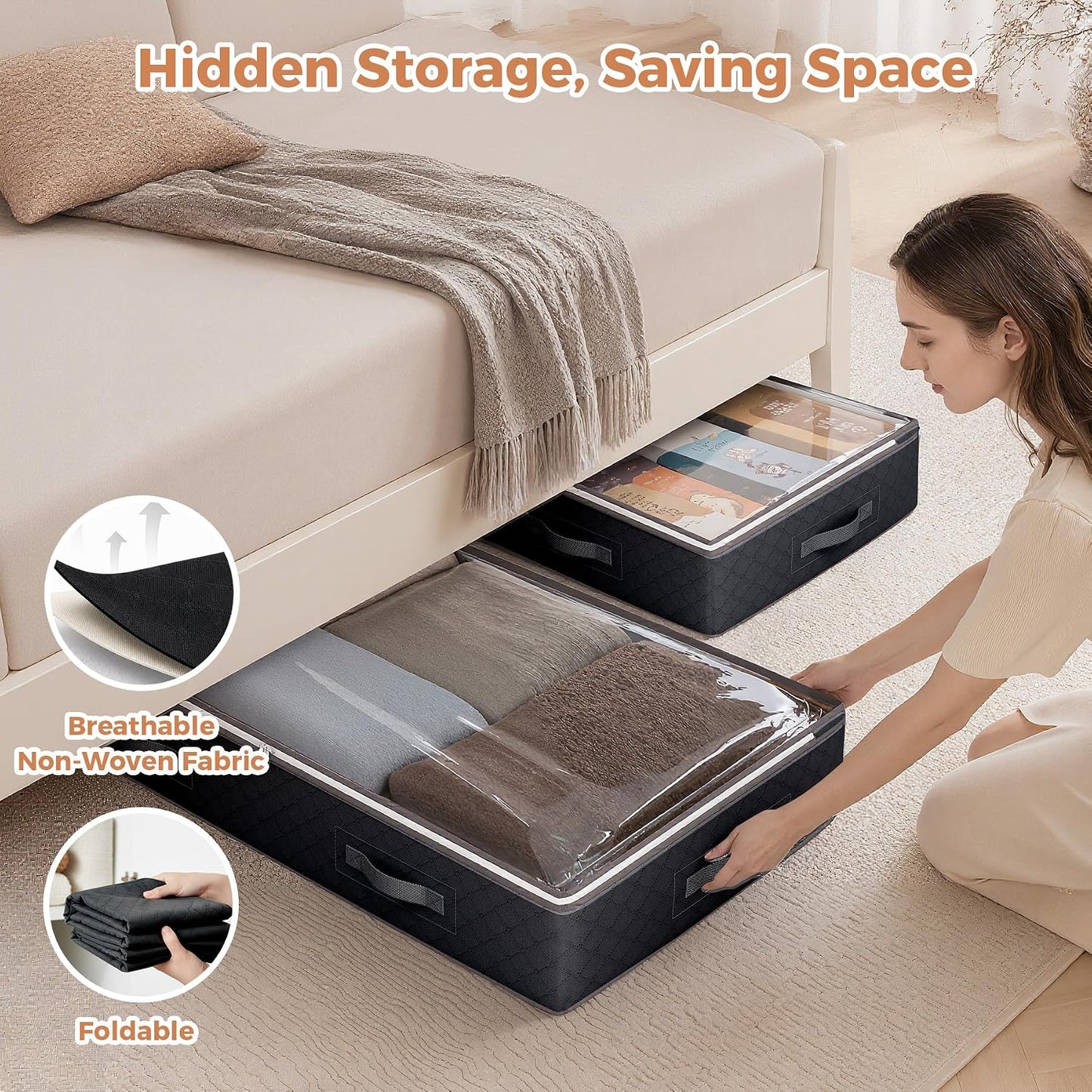 Budding Joy 90L Under Bed Storage Containers, 4 Pack Closet Organizers Grey | Foldable underbed storage bins for linen sheets, blanket, clothing, comforter, sweaters, pillows, wrapping paper