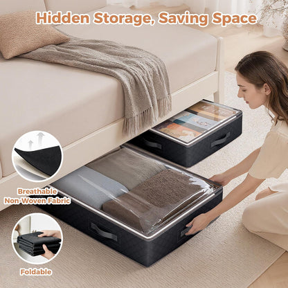 Budding Joy 90L Under Bed Storage Containers, 4 Pack Closet Organizers Grey | Foldable underbed storage bins for linen sheets, blanket, clothing, comforter, sweaters, pillows, wrapping paper