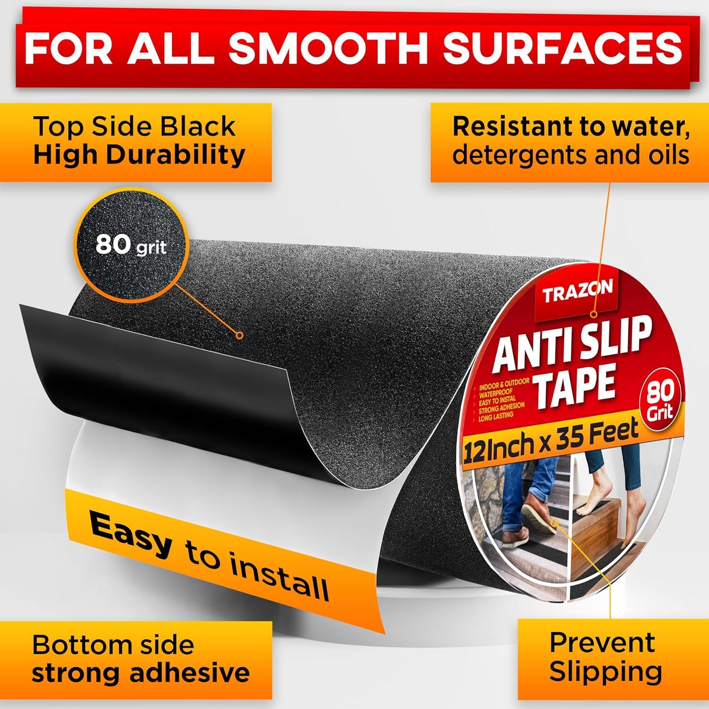 Grip Tape - Heavy Duty Anti Slip Tape for Stairs Outdoor/Indoor Waterproof 4Inch x 35Ft Safety Non Skid Roll for Stair Steps Ramp Traction Tread Staircases Grips Adhesive Non Slip Strips Walk Black