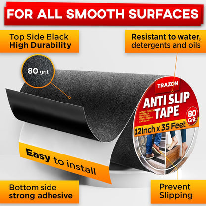 Grip Tape - Heavy Duty Anti Slip Tape for Stairs Outdoor/Indoor Waterproof 4Inch x 35Ft Safety Non Skid Roll for Stair Steps Ramp Traction Tread Staircases Grips Adhesive Non Slip Strips Walk Black