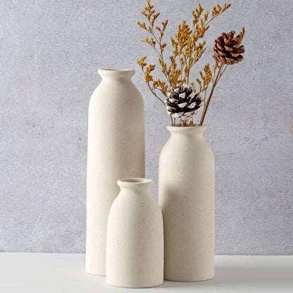 CEMABT Beige Ceramic vase Set-3 Small Flower vases for Decor,Modern Boho Farmhouse Home Decor,Decorative vase for Pampas Grass&Dried Flowers,idea Shelf,Table,Bookshelf ，Entryway- Distressed