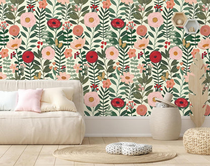 HAOKHOME Floral Peel and Stick Wallpaper Boho Vintage Wall Paper Removable for Bathroom Nursery Beige/Pink/Red Contact Paper 17.3in x 9.8ft