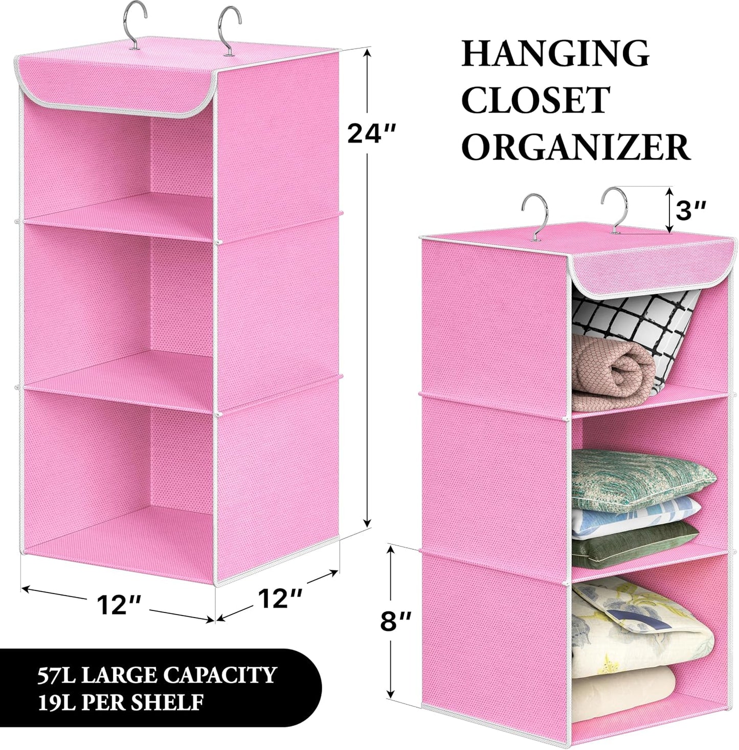 Simple Houseware 3-Shelf Hanging Closet Organizer, Fabric Storage Shelves with 57L Capacity, Black
