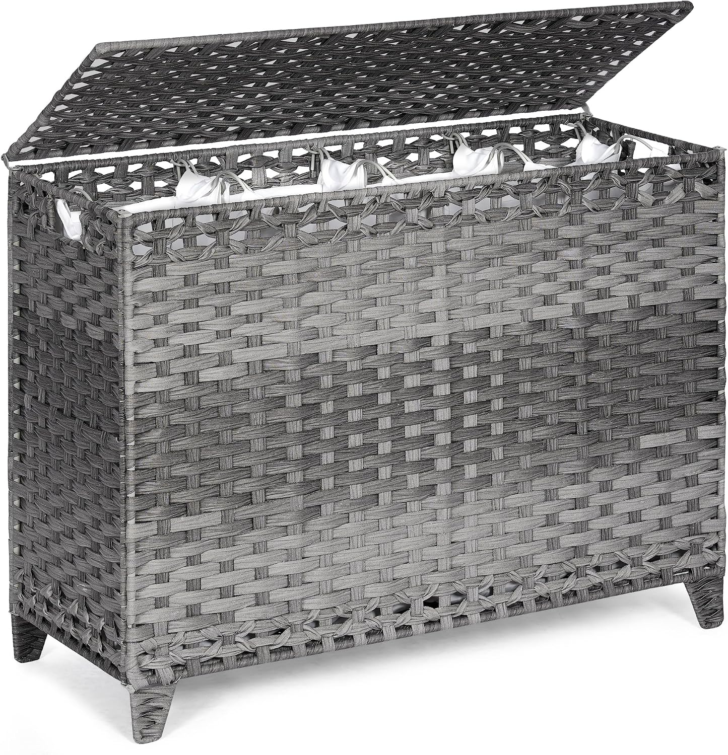 Laundry Hamper with 3 Removable Liner Bags; 132L Handwoven Rattan Laundry Basket with Lid & Heightened Feet; Clothes Hamper with Side Handles; Laundry Sorter with 3 Separate Sections