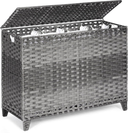 Laundry Hamper with 3 Removable Liner Bags; 132L Handwoven Rattan Laundry Basket with Lid & Heightened Feet; Clothes Hamper with Side Handles; Laundry Sorter with 3 Separate Sections