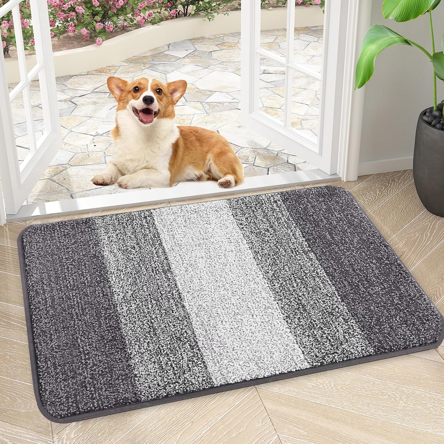 Kitinjoy Indoor Outdoor Door Mat, 32x20 Non-Slip Absorbent Dirt Trapper, Low-Profile Washable Inside Entrance Front Floor Mat, Sturdy Soft Entry Doormats for Entryway, Grey