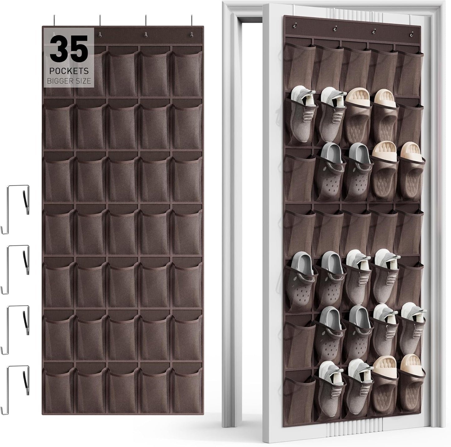 WVM Over the Door Shoe Organizer with 35 Breathable Mesh Pockets, Hanging Shoe Organizer for Door with 4 Metal Hooks, Large Capacity Closet Storage for Shoes, Accessories, Grey