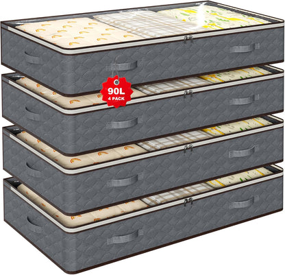 90L Under Bed Storage Containers,4-Pack Closet Organizers and Storage Bins,for Organization and Storage Clothes, Shoes, Blankets & Pillows,Visible Transparent Top Storage Bins with Lids, Grey
