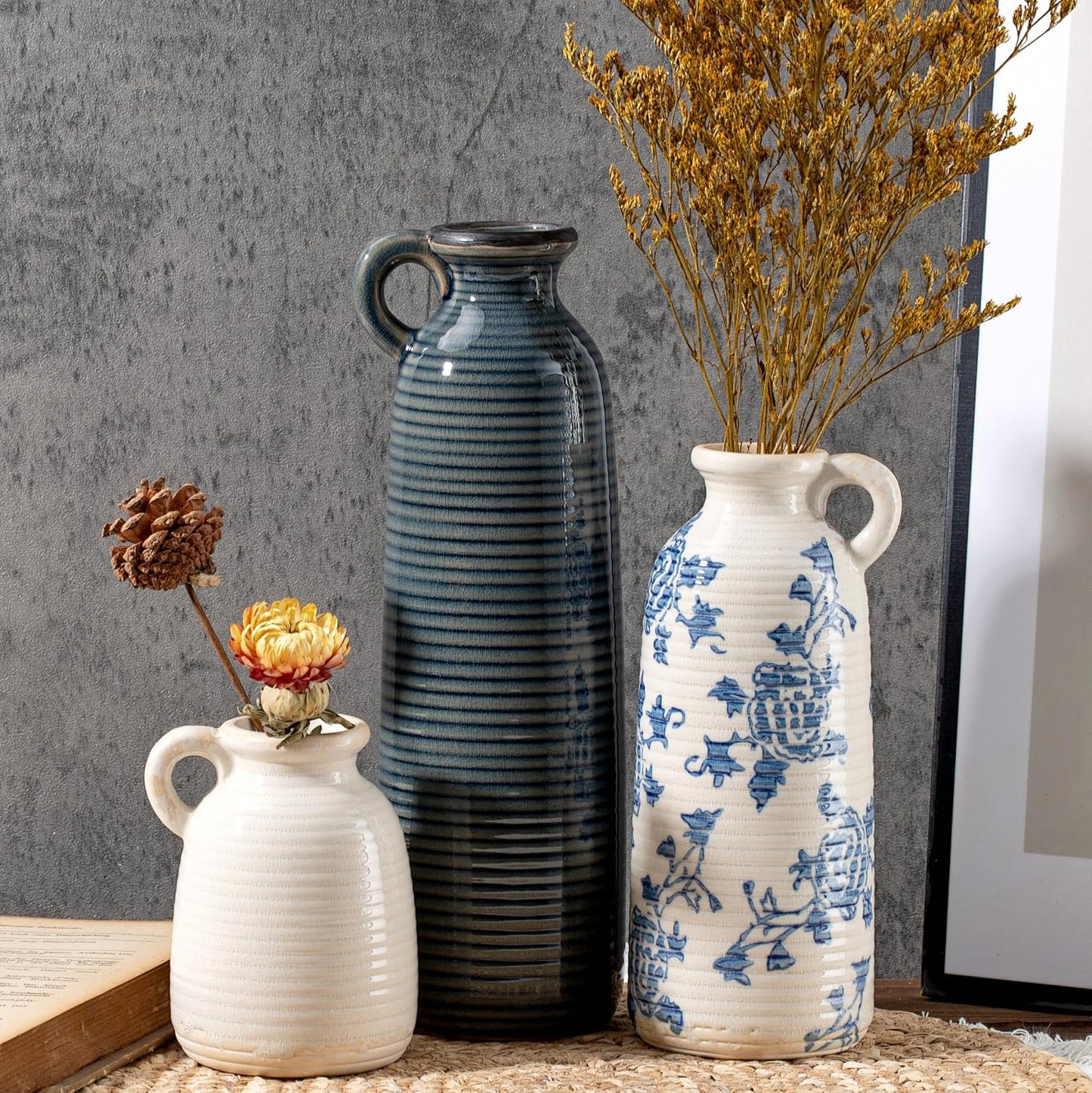 Ceramic Vase Set of 3 with Handles, Green White Neutral Rustic Modern Farmhouse Boho Decor, Versatile as Table Centerpiece or Mantel & Shelf Accent - Unique Home Gift Idea
