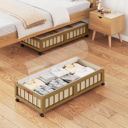 efluky 2-Pack Bamboo Under Bed Storage with Wheels, Rolling UnderBed Storage Basket with Large Dust Bag, Under Bed Storage Containers for Bedroom, Dorm and Basement, Nature
