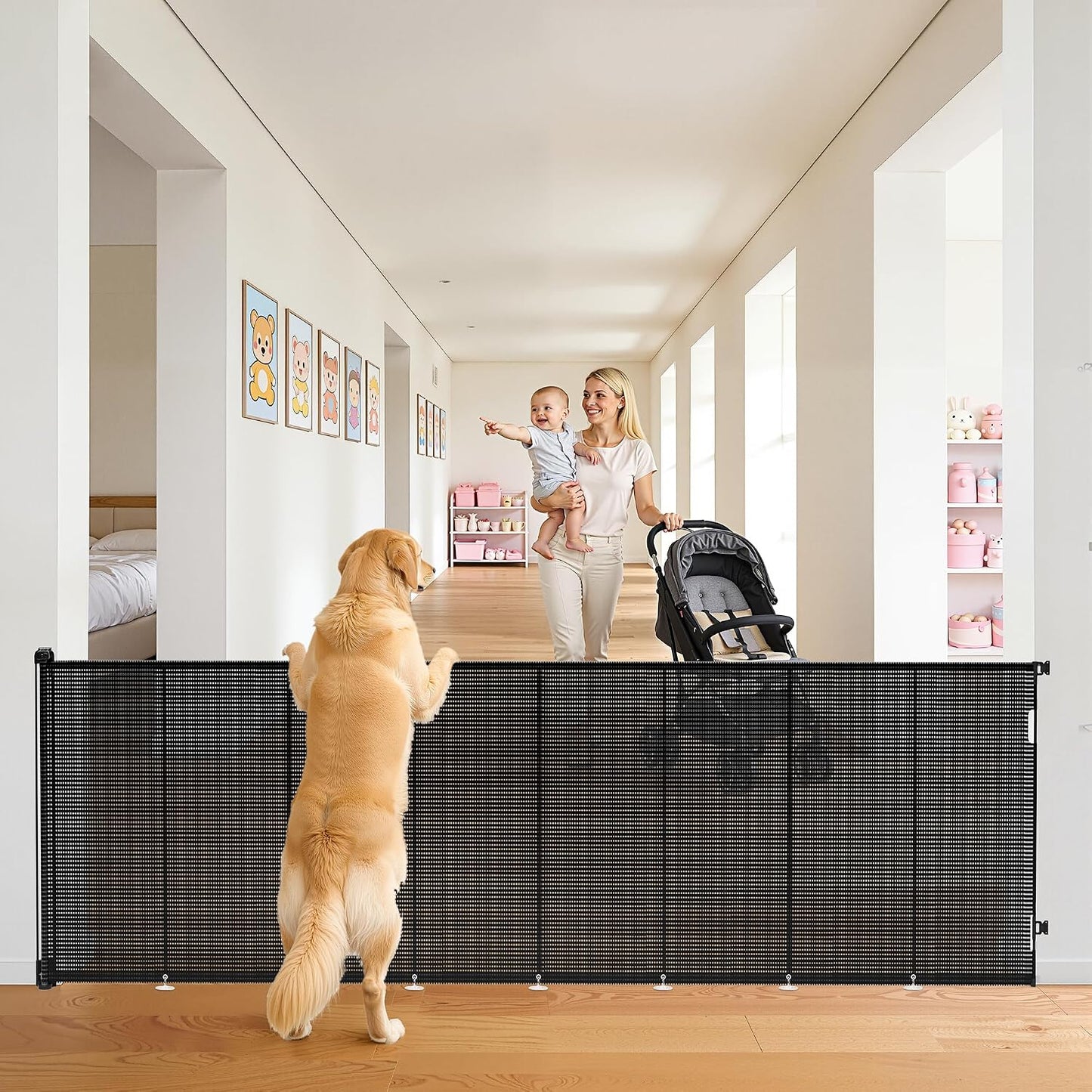 Retractable Baby Gate for Stairs, 42" Tall X 200" Wide Mesh Dog Gate Indoor, Child Gate for Doorways, Hallways, Deck, Indoor Outdoor Pet Baby Safety Essentials for Home, Black