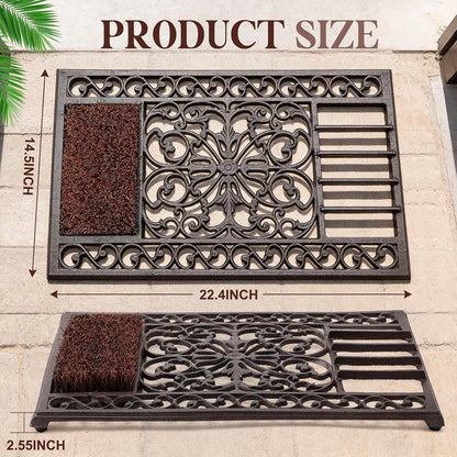 Heavy Duty Cast Iron Boot Scraper with Brush, 22.4 x 14.5 Inch Outdoor Shoe Cleaner for Mud Removal, Front Door, Porch, Patio and Garden Entrance