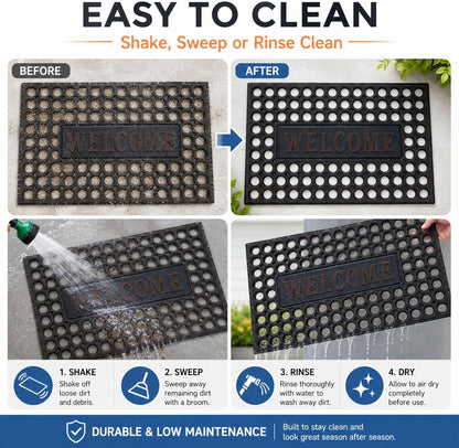 ROOM127 Outdoor Doormat 28.3 x 17.3 in, Rubber Scraper Entry Mat | Heavy Duty 3-Zone Cleaning, Absorbent Strips, Open Drainage, Non Slip Low Profile for Front Door, Patio, Garage & Mudroom
