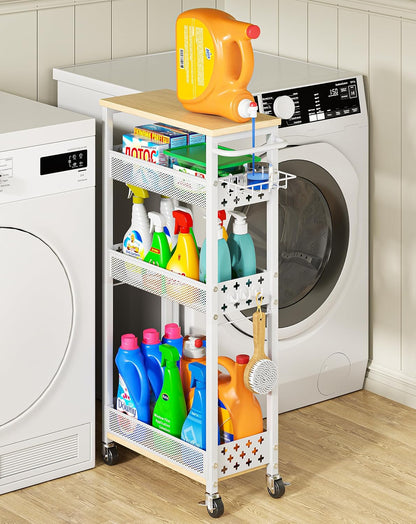 OKZEST Slim Laundry Room Organization Cart with Detergent Dispenser Holder | 4-Tier narrow rolling cart for small space, Holds tall bottles, Upgraded metal hub casters, Premium wood & metal mesh shelves