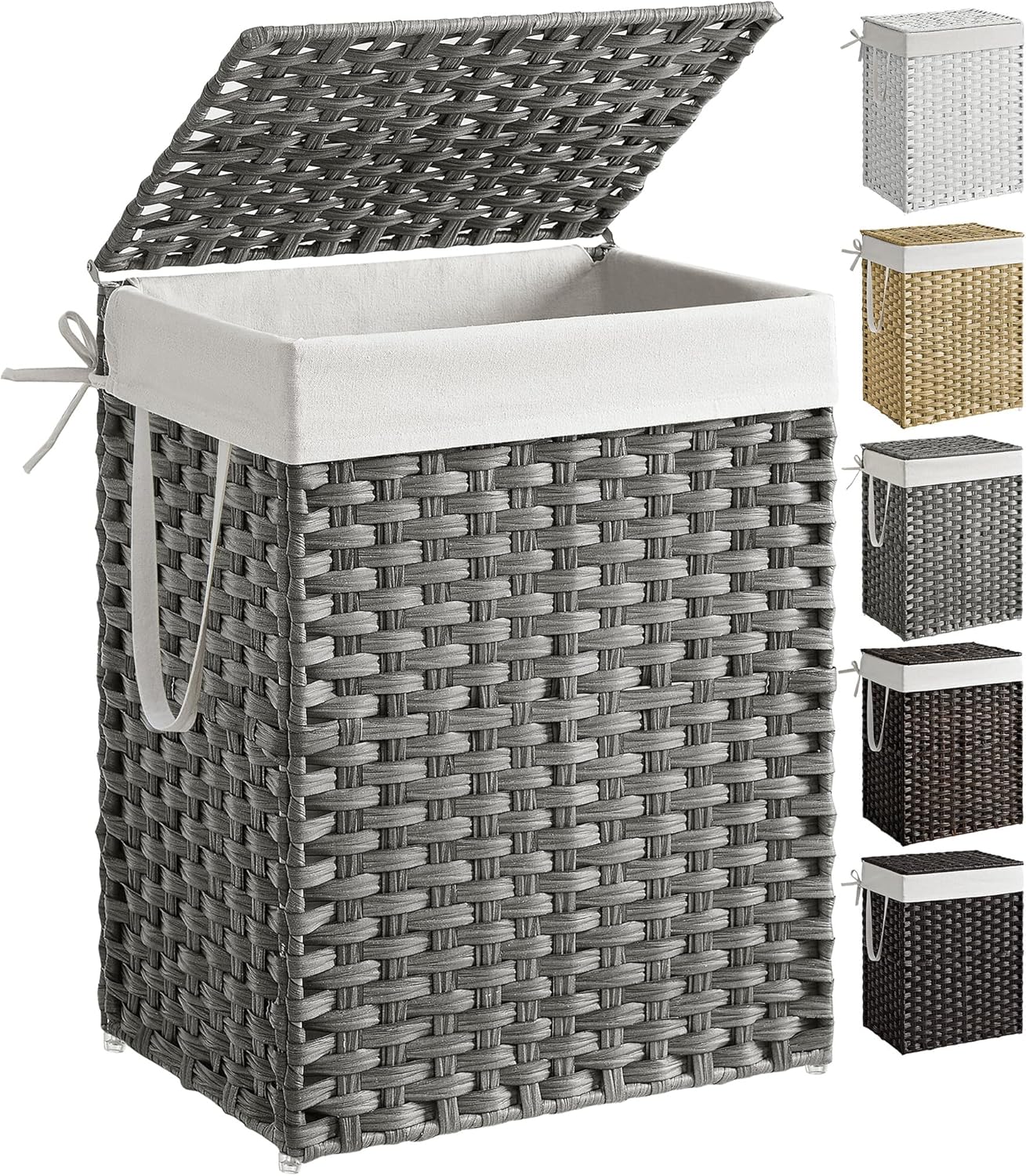 SONGMICS Laundry Hamper with Lid, 23.8 Gallon (90 L) Synthetic Rattan Clothes Laundry Basket with Lid and Handles, Foldable, Removable Liner, Chestnut Brown ULCB051K02