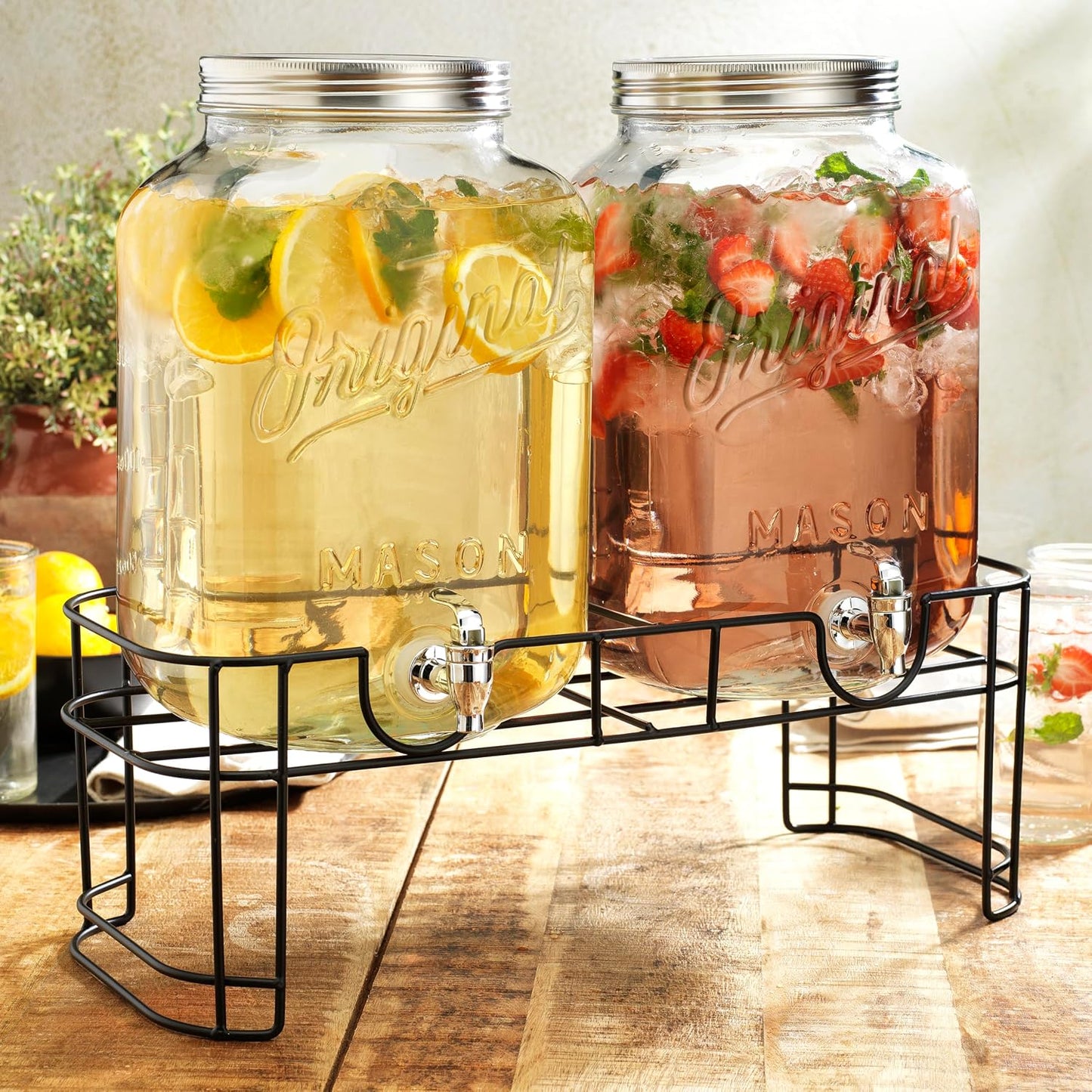 2 GALLON - 2 PACK Glass Drink Dispensers for Parties, Mason Jar Beverage Dispensers with Metal Stand, Glass Water Dispenser with Spigot, Laundry Detergent Dispenser