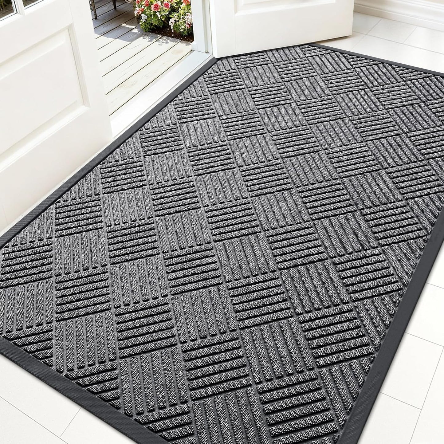 OLANLY Front Door Mat Outside Entrance 29.5x17, Absorbent, Heavy Duty Sturdy Natural Rubber Doormat Indoor Outdoor, Stain and Fade Resistant, Non-Slip Low Profile Floor Mat for Entryway, Grey Diamond