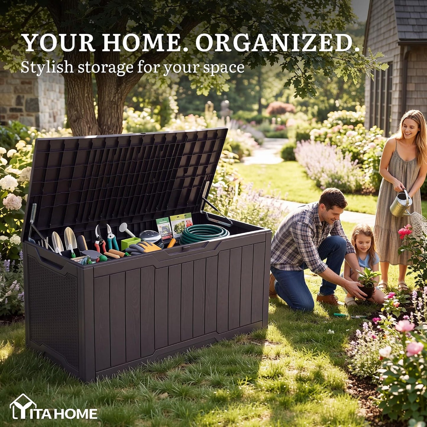YITAHOME 100 Gallon Large Outdoor Deck Box | Waterproof Resin Storage Box, Lockable Indoor Outdoor Storage Container for Patio Furniture Cushions, Pool Accessories