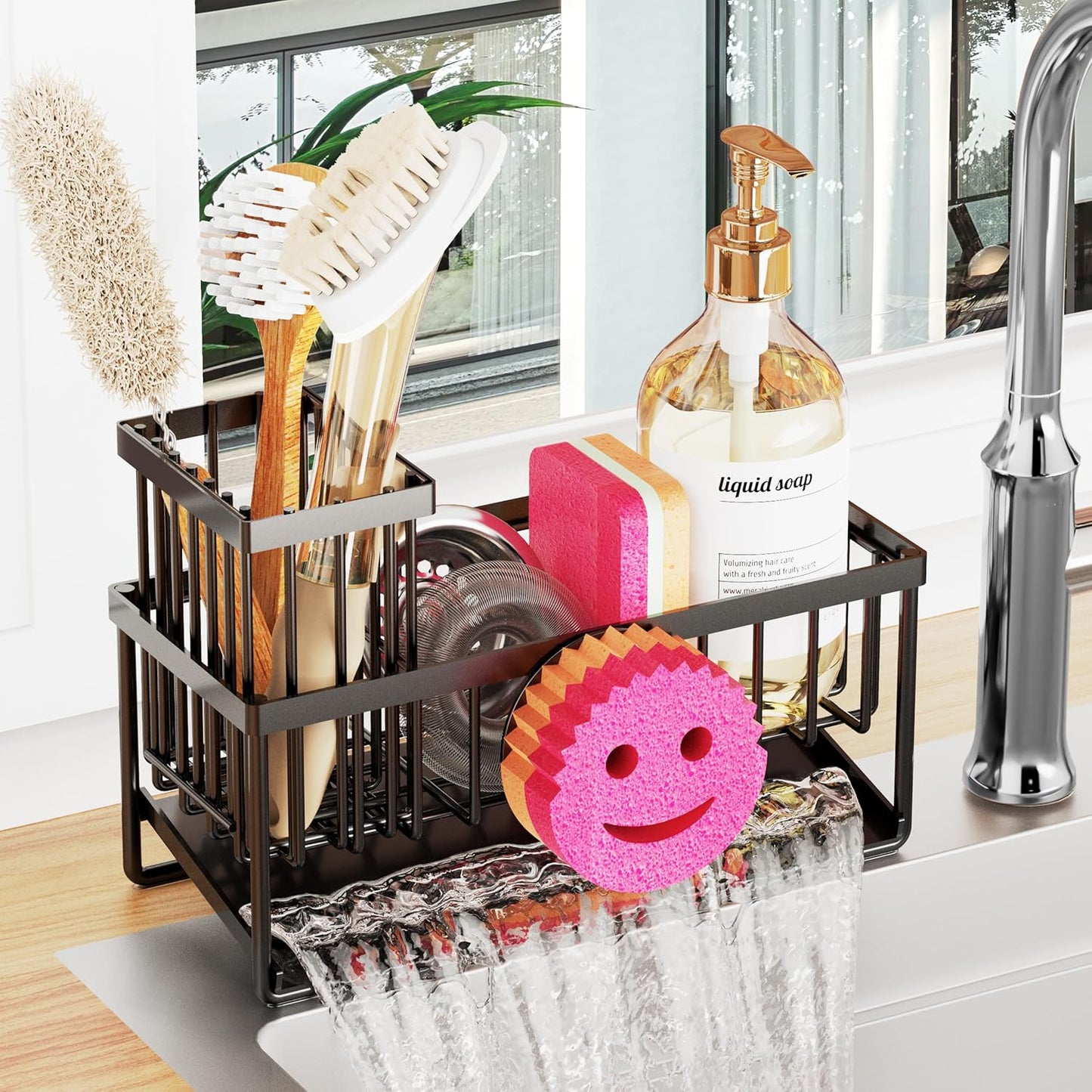 Sponge Holder for Kitchen Sink,Smiley Face Sink Caddy with Removable Brush Holder,Self-Draining Sponge Caddy for Soap,Dish Brush,Scrubber,Kitchen Essentials and Gadgets-Silver