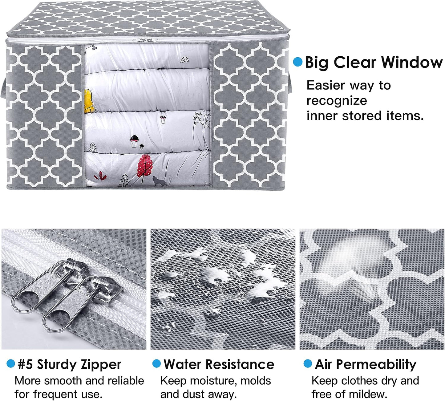 WISELIFE Storage Bags, Large Blanket Clothes Organization and Storage Containers for Bedding, Comforters, Foldable Organizer with Reinforced Handle, Clear Window,Sturdy Zippers,(Grey, 3 x 100L)