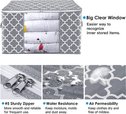 WISELIFE Storage Bags, Large Blanket Clothes Organization and Storage Containers for Bedding, Comforters, Foldable Organizer with Reinforced Handle, Clear Window,Sturdy Zippers,(Grey, 3 x 100L)