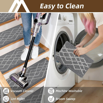 COSY HOMEER Soft Stair Treads Non-Slip Carpet Mat 28inX9in Indoor Stair Runners for Wooden Steps,Stair Rugs for Kids and Dogs, 100% Polyester TPE Backing 7pcs,Black,Rhombus