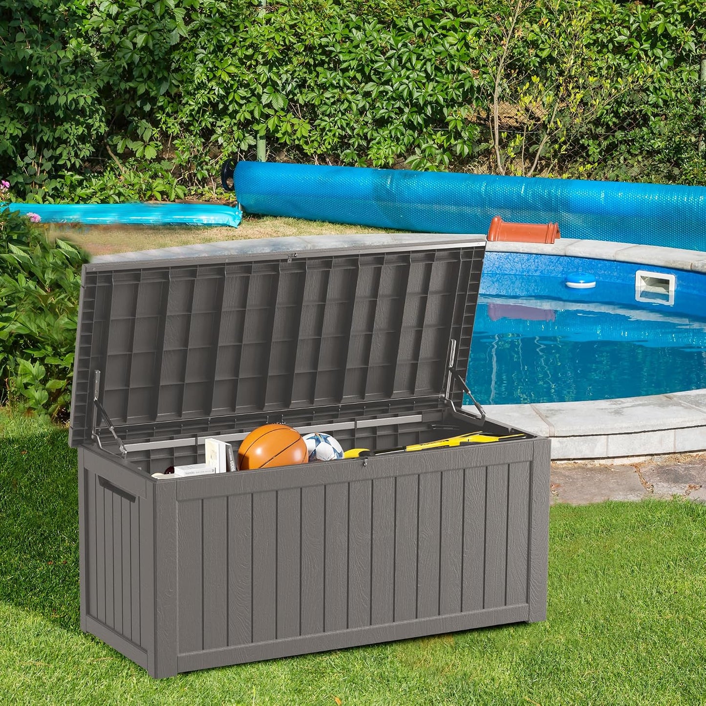 Outdoor Storage Box 325GAL Waterproof Resin Deck Box,Pool Accessories Supplies，UV-Resistant Lockable Package Delivery Bin for Garden Tools,Large Patio Outside Cushions,Chest,Furniture,Black
