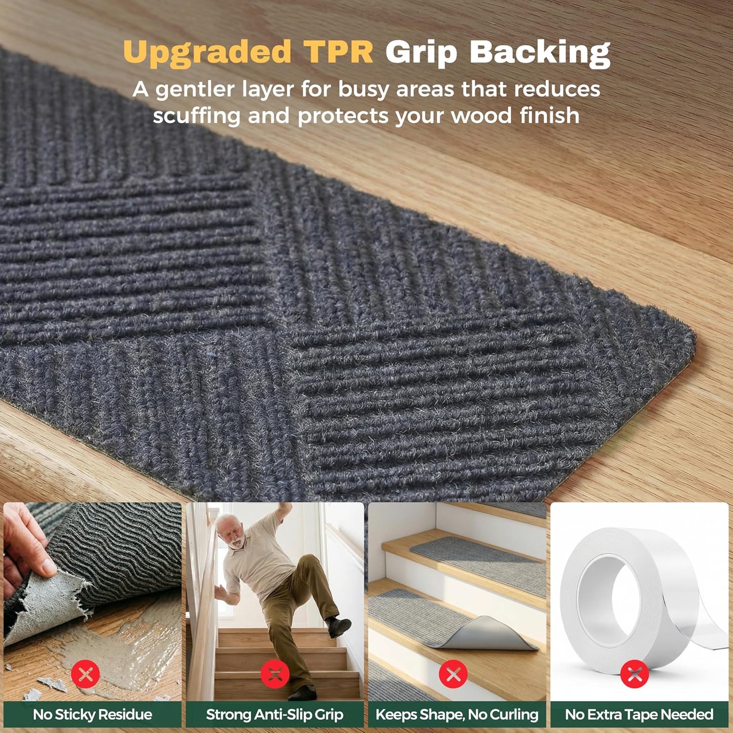 MBIGM 8" X 30" (15 in Pack) Non-Slip Carpet Stair Treads Non-Skid Safety Rug Slip Resistant Indoor Runner for Kids Elders & Pets with Reusable Adhesive - Dark Gray Diamond Weave