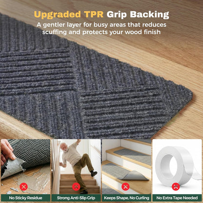 MBIGM 8" X 30" (15 in Pack) Non-Slip Carpet Stair Treads Non-Skid Safety Rug Slip Resistant Indoor Runner for Kids Elders & Pets with Reusable Adhesive - Dark Gray Diamond Weave