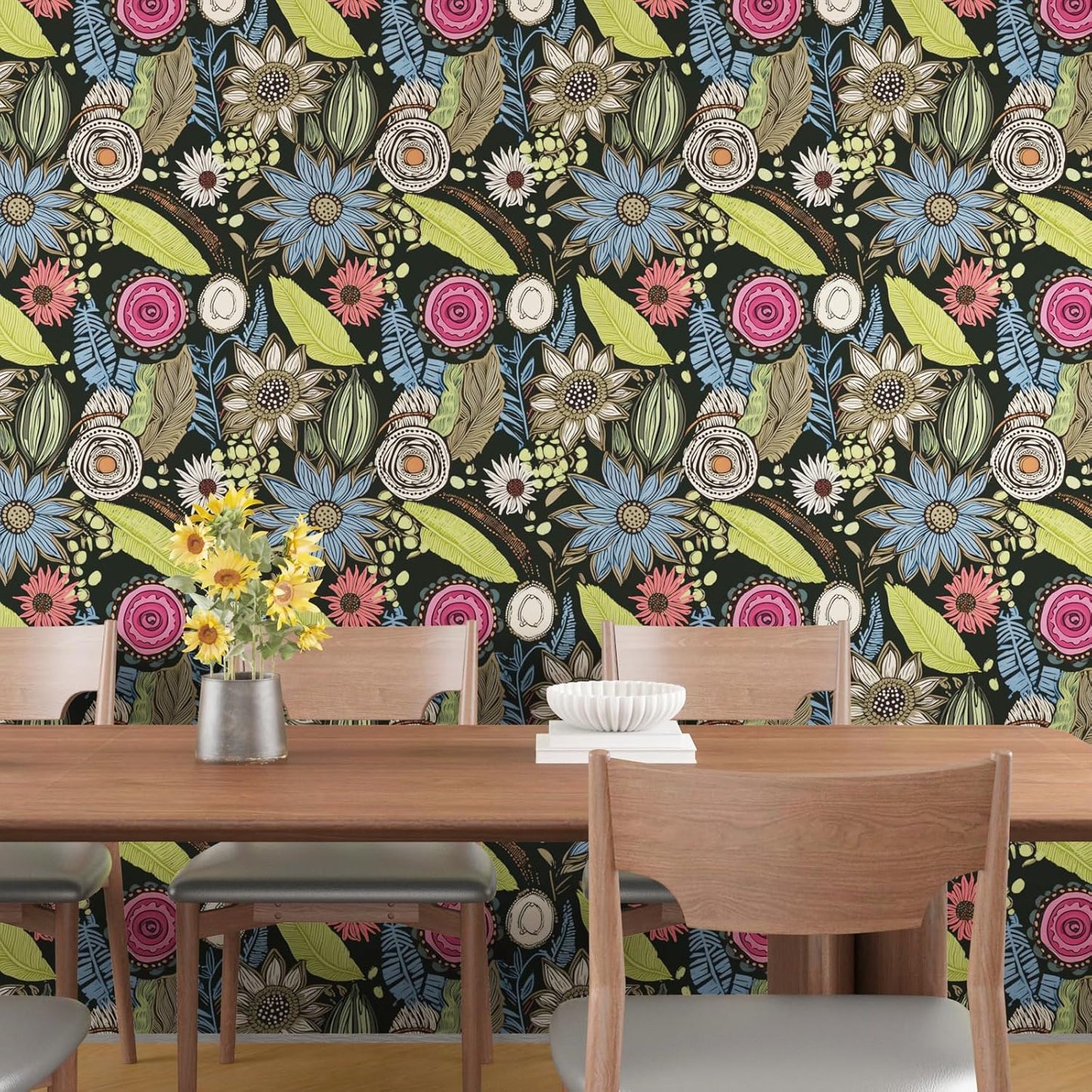 Blue Wallpaper Peel and Stick,Vintage Boho Floral Contact Paper 17.5" x 118", Retro Botanical Flower Wall Paper Self Adhesive Removable Waterproof for Walls Shelves Cabinet Table (Blue,Yellow, Green)