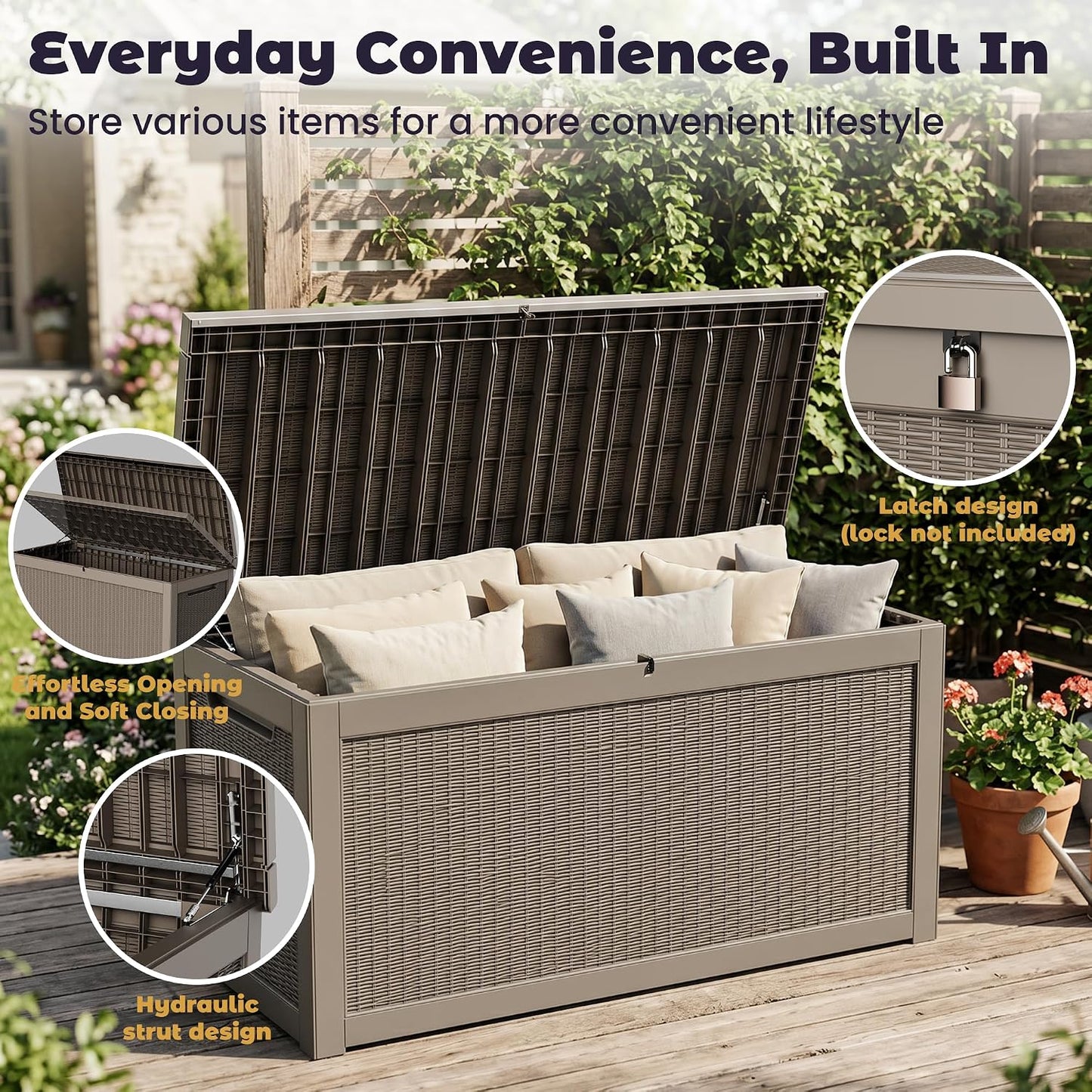 PatioZen 50 Gallon Deck Box Outdoor, Weatherproof Resin Patio Storage Box, Waterproof Outdoor Storage Boxes with Lid Lockable for Cushions, Garden Tools,Grey