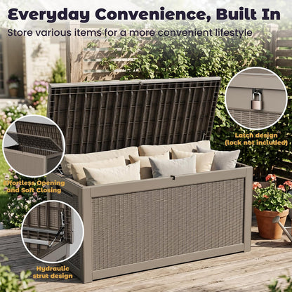 PatioZen 50 Gallon Deck Box Outdoor, Weatherproof Resin Patio Storage Box, Waterproof Outdoor Storage Boxes with Lid Lockable for Cushions, Garden Tools,Grey