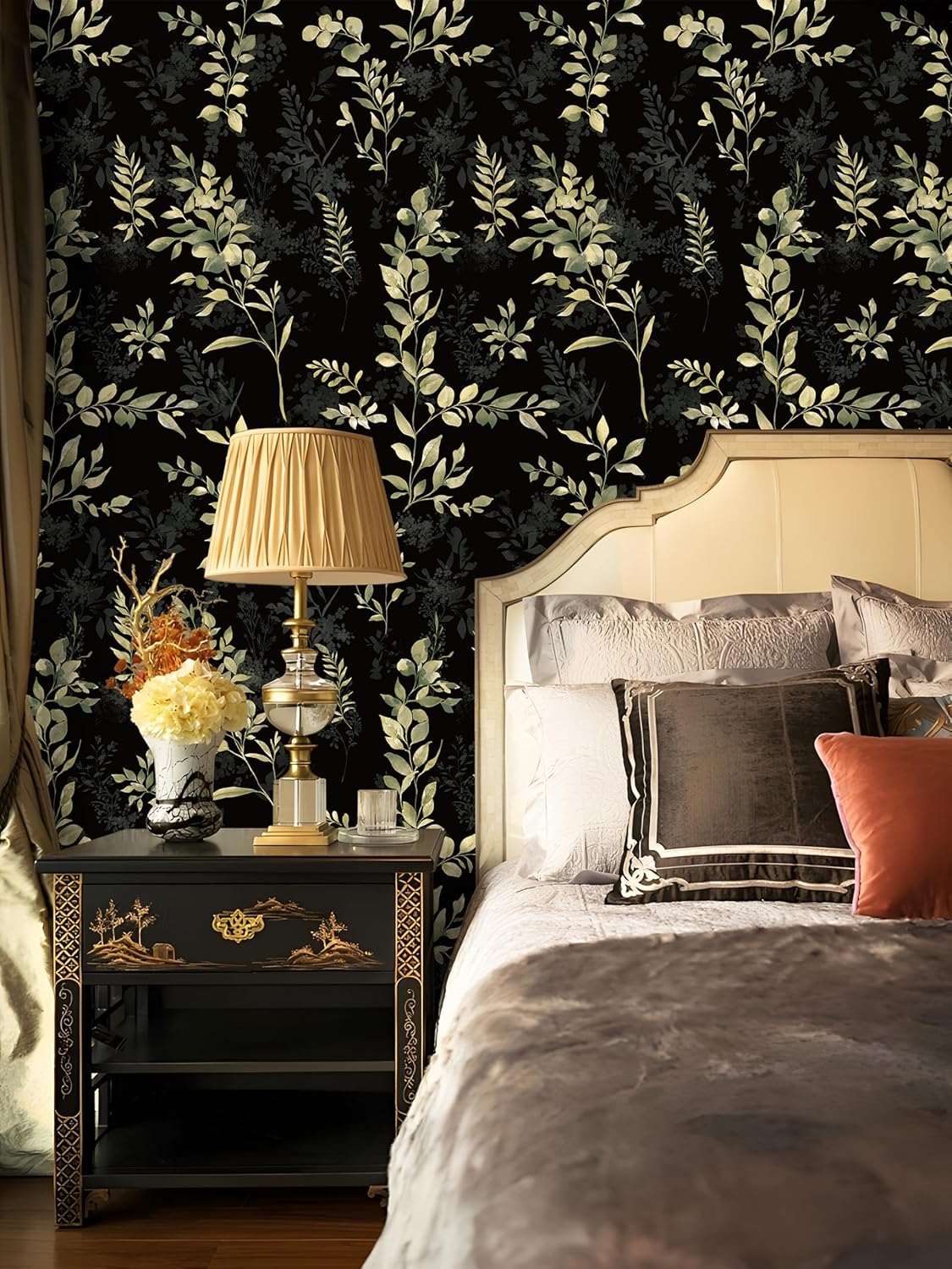 Floralplus Peel and Stick Wallpaper Boho Leaf Removable Wallpaper for Bathroom Renter Leaf Contact Paper for Locker Shelf Liner Vinyl Adhesive Wallpapers Wall Mural Decor 17.5 in x 118 in