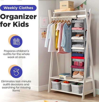 Handy Laundry Weekly Clothes Organizer for Kids, 6-Shelf Bamboo Reinforced | Days of the Week Hanging Closet Shelves, Monday Through Friday and Weekend, School Outfit Storage, Side Pockets, Pink