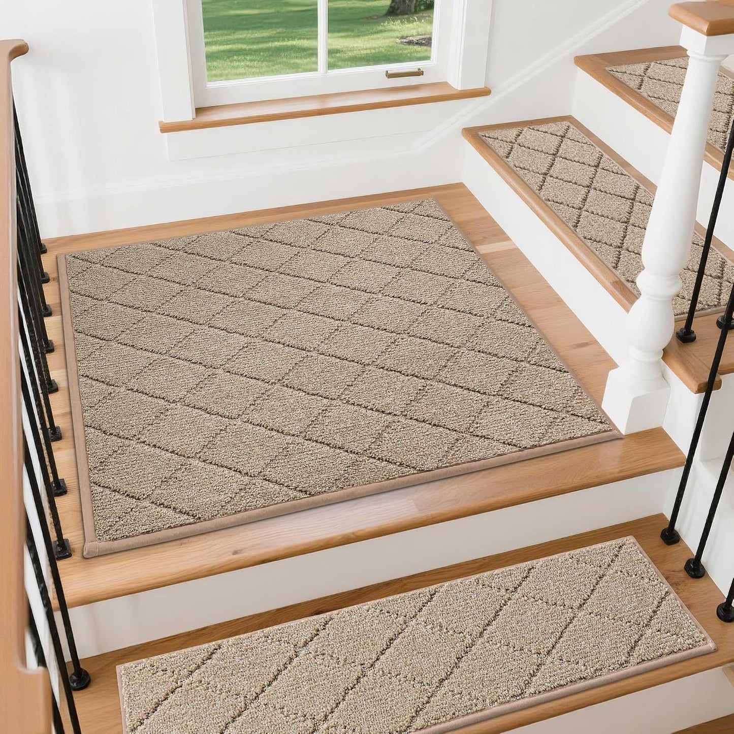 COSY HOMEER Edging Stair Treads Non-Slip Carpet Mat 28inX9in Indoor Stair Runners for Wooden Steps, Edging Stair Rugs for Kids and Dogs, 100% Polyester TPE Backing(4pc, Beige)
