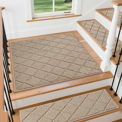 COSY HOMEER Edging Stair Treads Non-Slip Carpet Mat 28inX9in Indoor Stair Runners for Wooden Steps, Edging Stair Rugs for Kids and Dogs, 100% Polyester TPE Backing(4pc, Beige)
