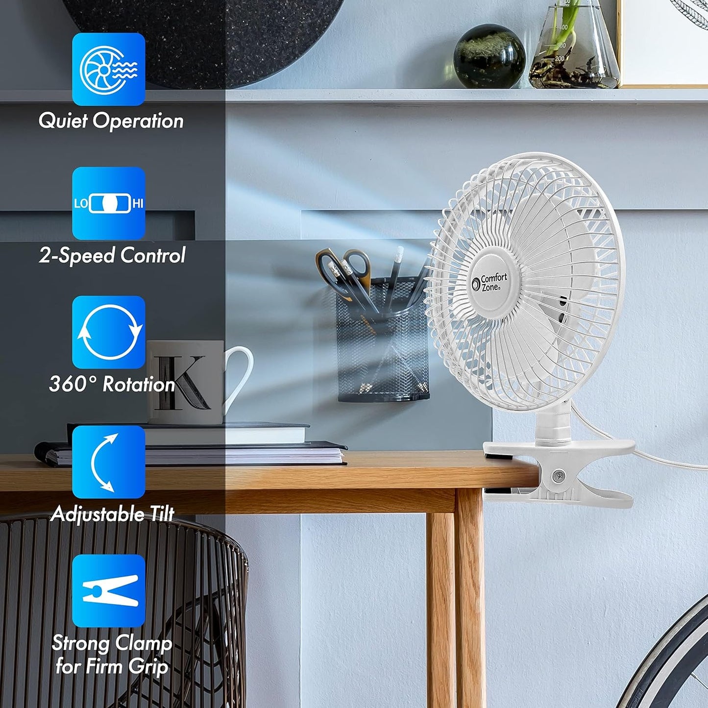 Comfort Zone 6-Inch Corded Clip-On Personal Fan – 2-Speed Quiet Desk Fan with 360° Rotation, Fully Adjustable Tilt & Secure Strong Clamp – Mini Air Circulator for Desks, Bedside & Office
