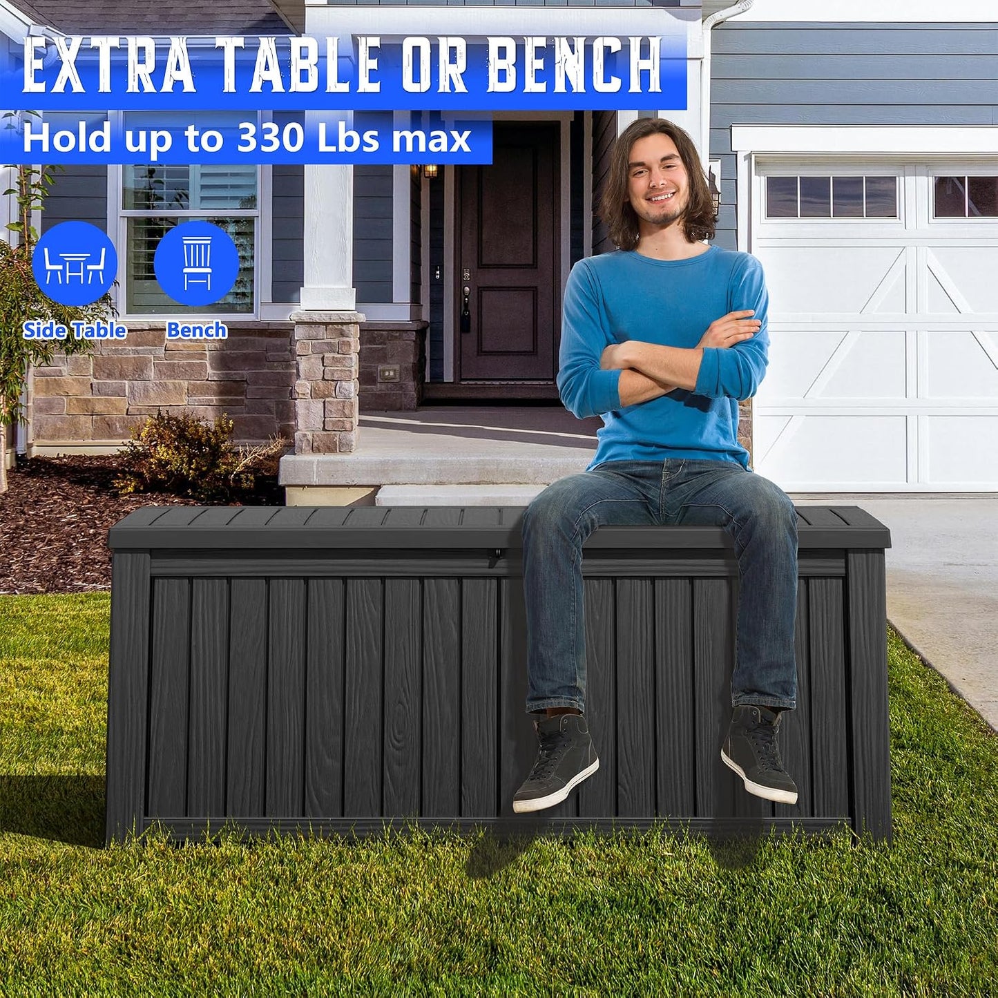 Outdoor Storage Box, Resin Deck Boxes Indoor and outdoor, Waterproof Storage Box Lockable Lid (Black, 85 Gallon)